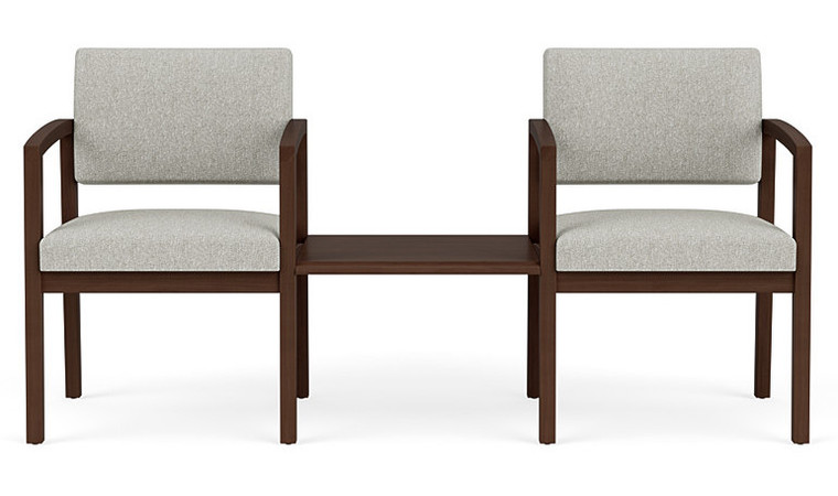 Lenox Wood Two Chairs with Connecting Center Table, Linette Vinyl Platinum Upholstery and Riftwood Walnut Frame