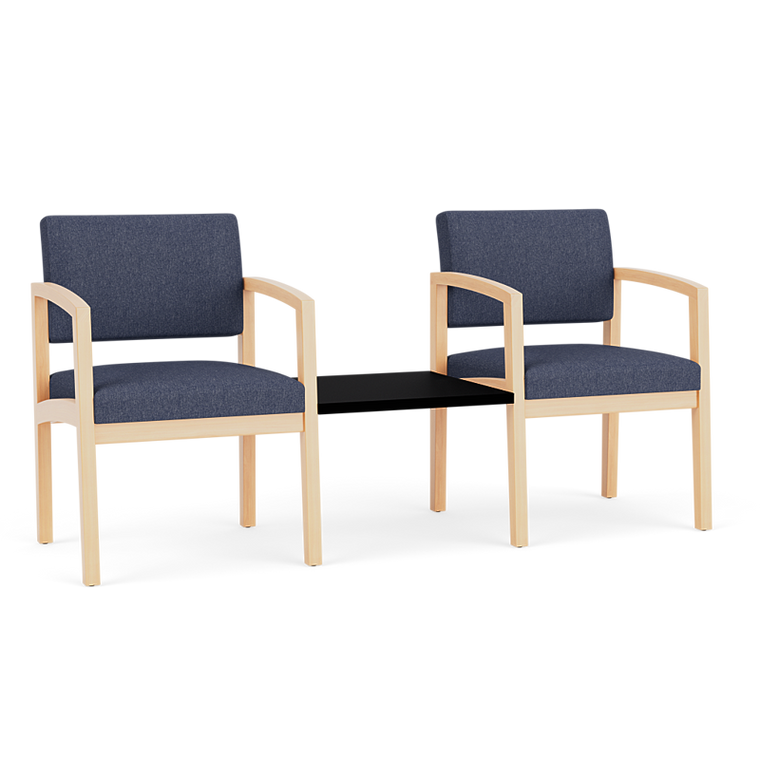 Lesro Lenox Wood Two Chairs with Connecting Center Table, Linette Vinyl Denim Upholstery, Natural Frame Finish, Black Laminate Connecting Table, 3/4 Front View