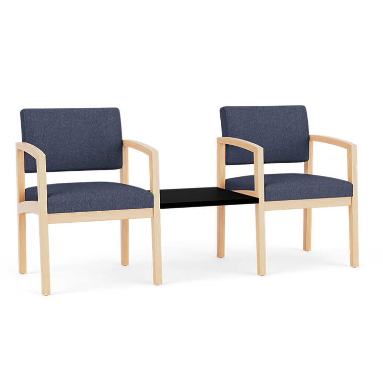 Lesro Lenox Wood Two Chairs with Connecting Center Table, Linette Vinyl Denim Upholstery, Natural Frame Finish, Black Laminate Connecting Table, 3/4 Front View