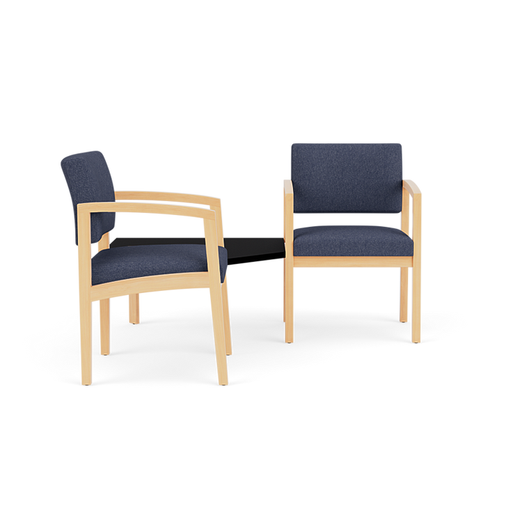 Lesro Lenox Wood Two Chairs with Connecting Corner Table, Linette Vinyl Denim Upholstery, Natural Frame Finish, Black Laminate Connecting Table Finish, 3/4 Front View