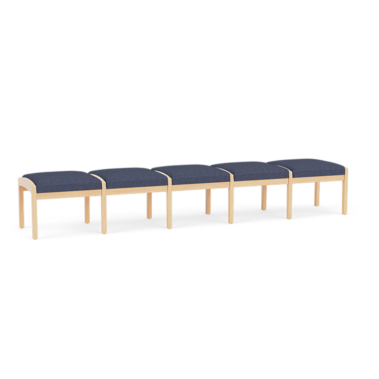Lesro Lenox Wood Five Seat Bench, Linette Vinyl Denim Upholstery, Natural Frame Finish, 3/4 Front View