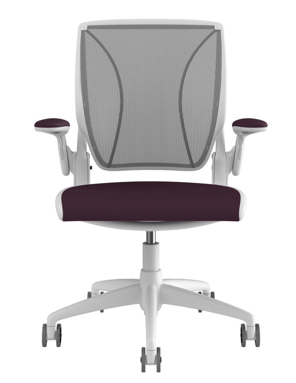 Humanscale Diffrient World Chair in Dash Platinum Mesh and Lotus Plum Seat Upholstery, White Frame with Advanced Duron Arms with Matching Fabric 