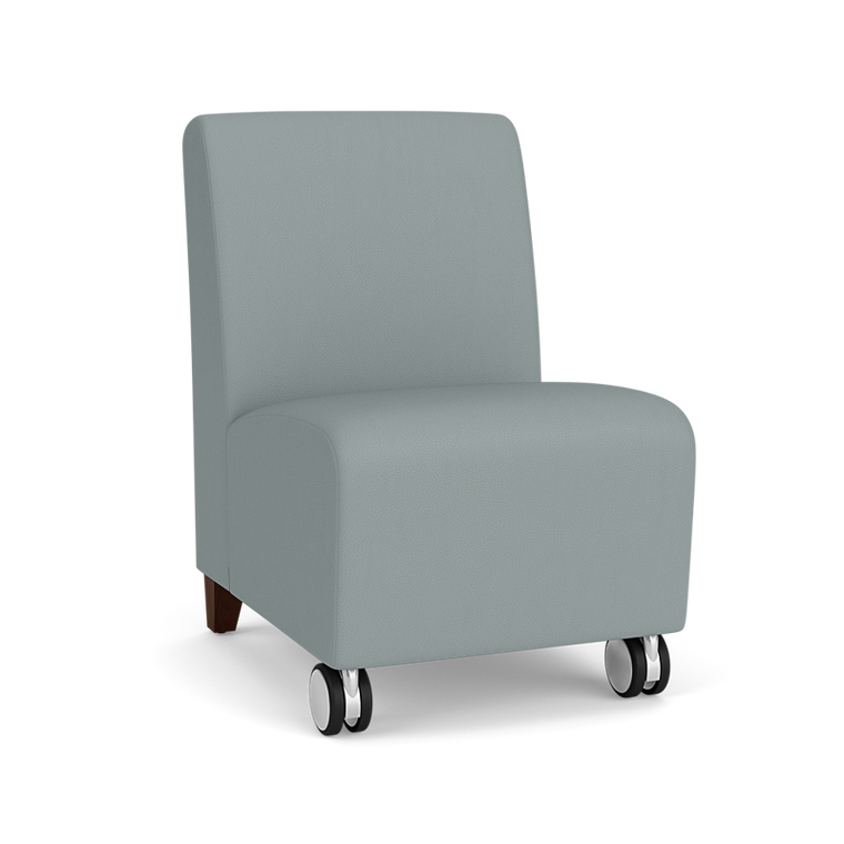 Lesro Siena Armless Guest Chair with Front Casters, Dillon Vinyl Lucid Upholstery, Walnut Leg Finish, 3/4 Front View