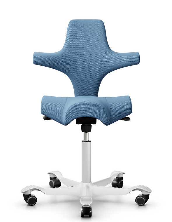 HAG Capisco 8106 / 15 Day Standard Ship, Gabriel Note Blue Upholstery, White Frame and Base Finish, Front View