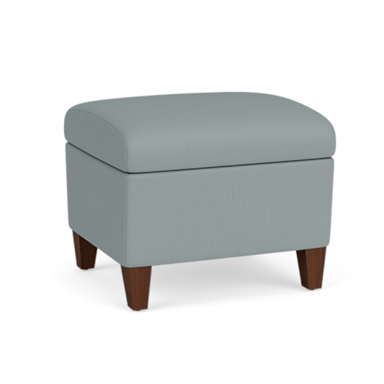 Lesro Siena Ottoman with Removable Lid, Dillon Vinyl Lucid Upholstery, Walnut Leg Finish, 3/4 Front View