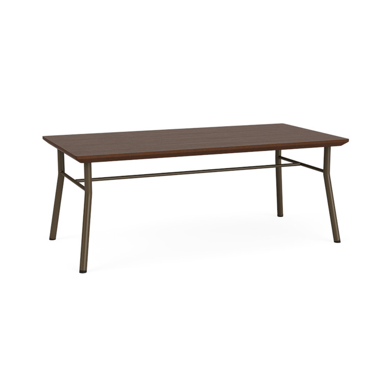 Lesro Mystic Coffee Table, Bronze Frame, Riftwood Walnut Laminate Top, 3/4 Front View Lesro Mystic Coffee Table, Bronze Frame, Riftwood Walnut Laminate Top, 3/4 Front View