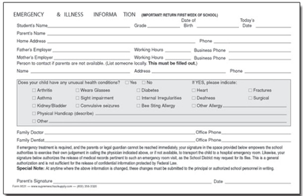 Emergency & Illness Info Cards (9531)