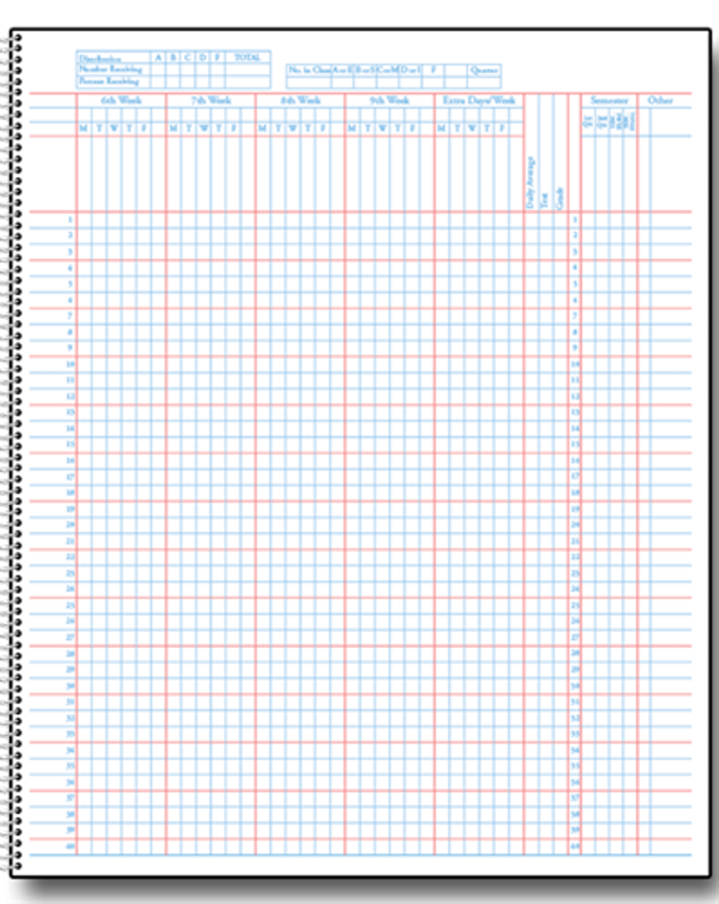 Class Record Book, 6 Subject, Red and Blue Text (910-6L)