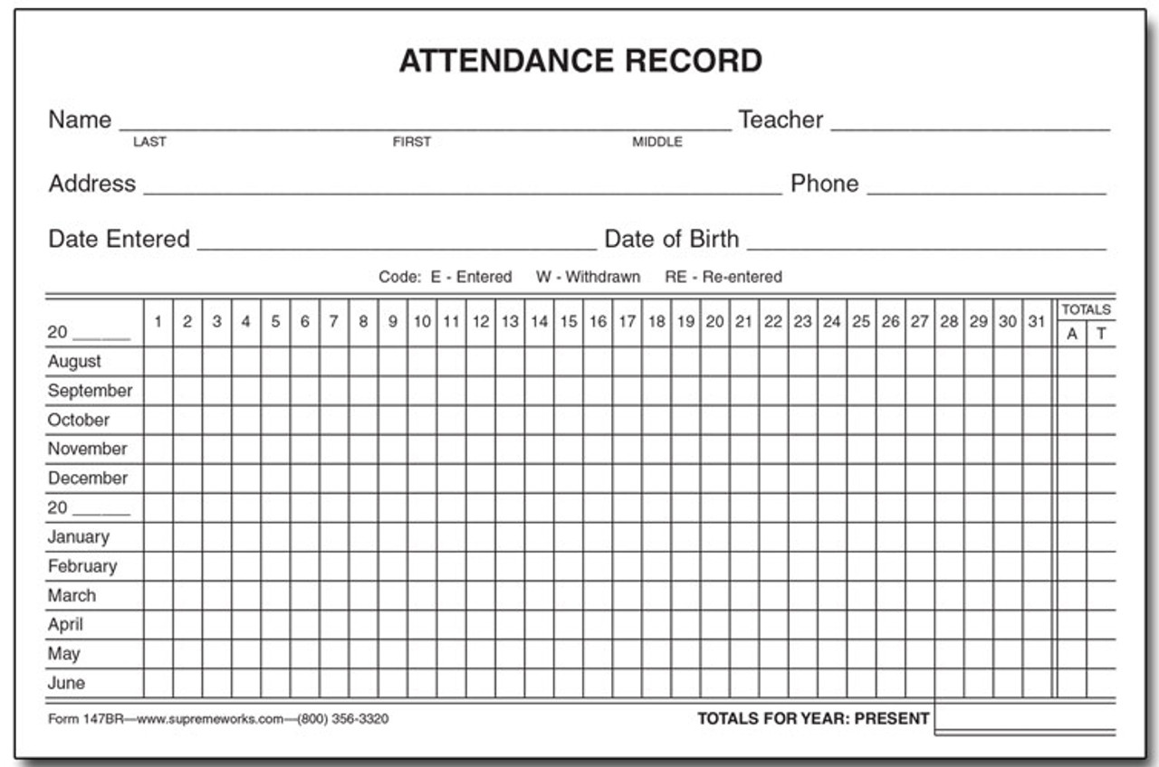 Attendance Record Card Yearly 147br Supreme School Supply