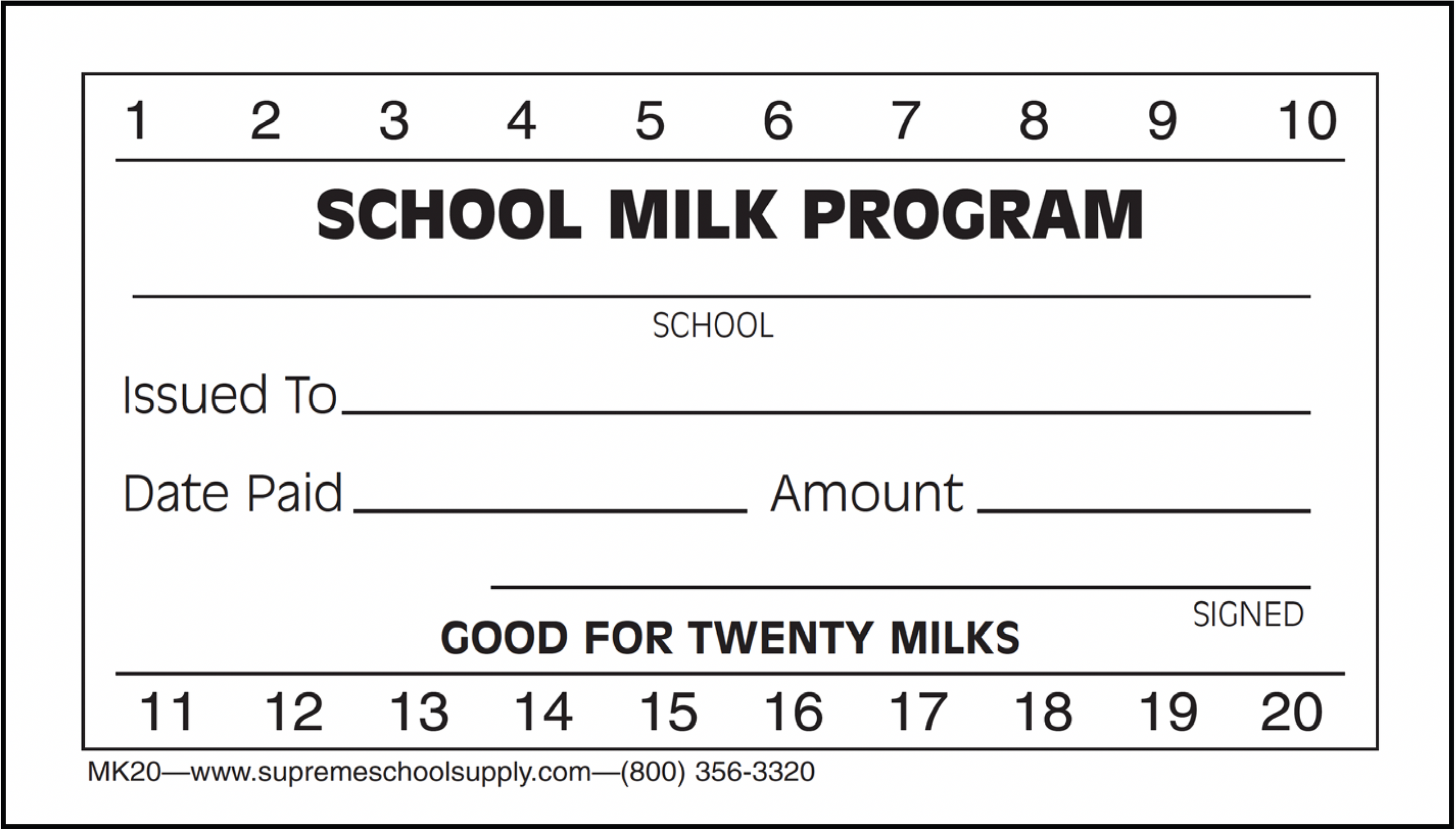 Milk Tickets, 20 Punches (MK20) Supreme School Supply