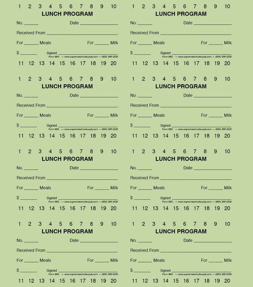 Lunch Program Receipt Book, 20-Meal (88D)