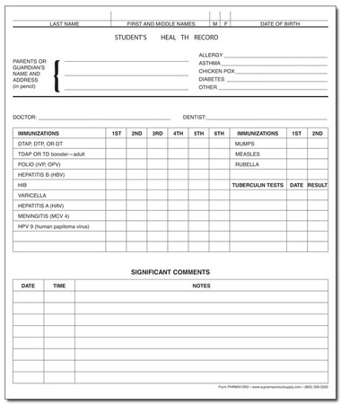Study Record Form Student Health Record - MN#1 Version R2 (PHRMN1SR2) - Supreme School Supply