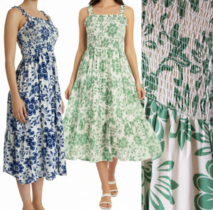 Flowy Cream A-Line Dress Floral Cotton Blend Smocked Bust Summer Midi Dress
