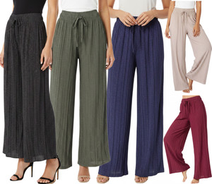 Solid Sparkly Glitter Pleated Palazzo Pants Wide Leg Summer Stretch Pants