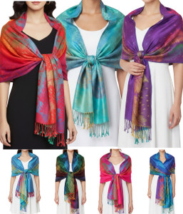 Peacock Print Ethnic Colorful Soft and Silky Pashmina Scarf Shawl Rainbow Wrap