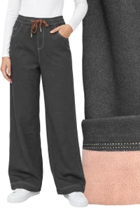Black Denim Look Wide Leg Pants Soft Warm Winter Fleece Lined Pants