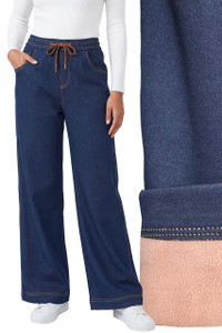 Navy Denim Look Wide Leg Pants Soft Warm Winter Fleece Lined Pants
