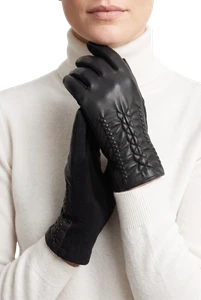 Womens Fashion Chick Design Warm Driving Gloves Leather Front Winter Gloves Black