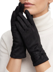 Black Touchscreen Faux Suede Winter Gloves with Bow Design