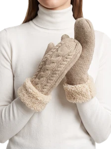 Winter Fleece Beige Lined Warm Cuffed Mittens Gloves Cozy Braid Knit Mittens