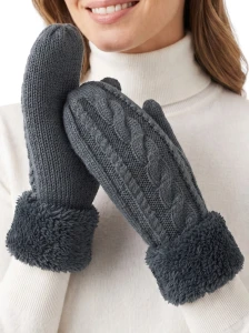 Winter Fleece Charcoal Lined Warm Cuffed Mittens Gloves Cozy Braid Knit Mittens