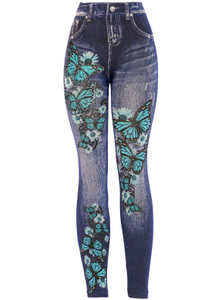 Blue Butterfly with Sparkles High Waist Women's Denim Print Fake Faux Jeans Leggings Pants