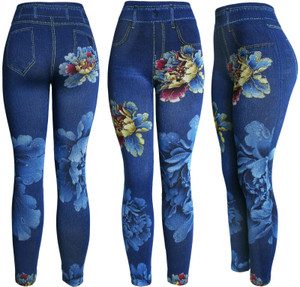 Blue Flower with Sparkles High Waist Women's Denim Print Fake Faux Jeans Leggings Pants Blue Flower with Sparkles High Waist Women's Denim Print Fake Faux Jeans Leggings Pants