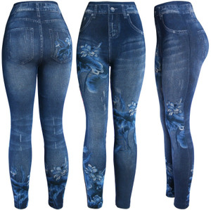 Blue Lily High Waist Women's Denim Print Fake Faux Jeans Leggings Pants