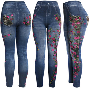 Flower Leopard High Waist Women's Denim Print Fake Faux Jeans Leggings Pants