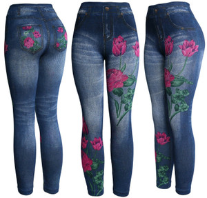 Peony with Sparkles High Waist Women's Denim Print Fake Faux Jeans Leggings Pants Peony with Sparkles High Waist Women's Denim Print Fake Faux Jeans Leggings Pants