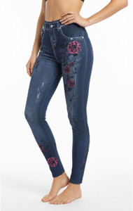Women's Classic Rose Denim Print Fake Faux Jeans Leggings Pants