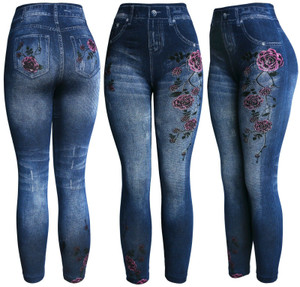 Pink Rose with Sparkles High Waist Women's Denim Print Fake Faux Jeans Leggings Pants Pink Rose with Sparkles High Waist Women's Denim Print Fake Faux Jeans Leggings Pants