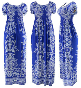Bohemian Smoked Summer Sundress Long Dress Blue