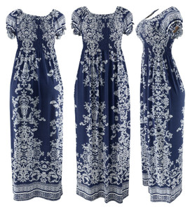Bohemian Smoked Summer Sundress Long Dress Navy