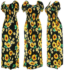 Sunflower Floral Smoked Summer Sundress Long Dress Black Sunflower Floral Smoked Summer Sundress Long Dress Black
