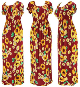 Sunflower Floral Smoked Summer Sundress Long Dress Burgundy Sunflower Floral Smoked Summer Sundress Long Dress Burgundy