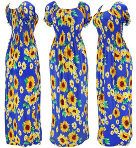 Sunflower Floral Smoked Summer Sundress Long Dress Blue Sunflower Floral Smoked Summer Sundress Long Dress Blue