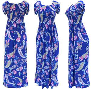 Summer lightweight long dress. Smocked bust and puffed short sleeves. Round neck line paisley summer dress Summer lightweight long dress. Smocked bust and puffed short sleeves. Round neck line paisley summer dress