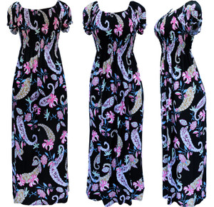 Summer lightweight long dress. Smocked bust and puffed short sleeves. Round neck line paisley summer dress Summer lightweight long dress. Smocked bust and puffed short sleeves. Round neck line paisley summer dress