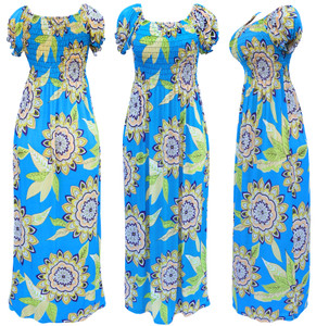 Summer lightweight long dress. Smocked bust and puffed short sleeves. Round neck line geometric flower summer dress