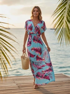 Lightweight Summer Dress. Beautiful Hawaiian themed dress that is perfect for your summer evening event . Butterfly flowy sleeves are supper flattering. Deep v neck line with smocked under bust