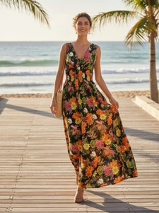 When the days get long and hot, this dress has you covered. It’s a summer dream come true, with a deep V-neck and sleeveless arms to keep you cool. The vibrant floral pattern. It’s perfect for a casual summer party and versatile enough for a shopping trip, a day at the beach, or just running errands.