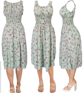 Floral Swirl Mint Flared Flowy Waist Smocked Knee Length Summer Sun Dress Floral Swirl Mint Flared Flowy Waist Smocked Knee Length Summer Sun Dress