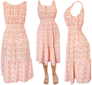 Floral Flared  Cream Flowy Smocked Summer Sun Dress