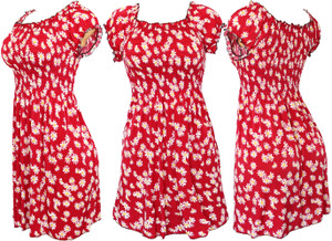 Daisy Red Smocked Summer Short Sleeves Floral Causal Short Dress Daisy Red Smocked Summer Short Sleeves Floral Causal Short Dress