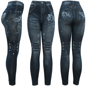 These jean leggings combine the fashionable look of denim with the comfort of leggings. They’re made of a stretchy material that allows for a skinny jeans look without the discomfort of regular jeans. Match them with your favorite boots or heels and watch the compliments roll in. These jean leggings combine the fashionable look of denim with the comfort of leggings. They’re made of a stretchy material that allows for a skinny jeans look without the discomfort of regular jeans. Match them with your favorite boots or heels and watch the compliments roll in.