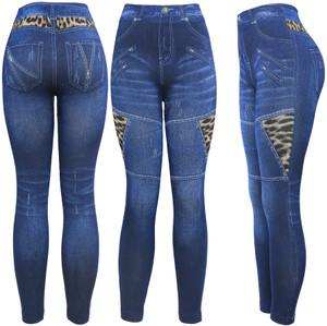Leopard High Waist Women's Denim Print Fake Faux Jeans Leggings Pants