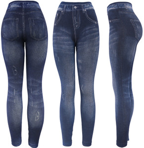These jean leggings combine the fashionable look of denim with the comfort of leggings. They’re made of a stretchy material that allows for a skinny jeans look without the discomfort of regular jeans. Match them with your favorite boots or heels and watch the compliments roll in. These jean leggings combine the fashionable look of denim with the comfort of leggings. They’re made of a stretchy material that allows for a skinny jeans look without the discomfort of regular jeans. Match them with your favorite boots or heels and watch the compliments roll in.
