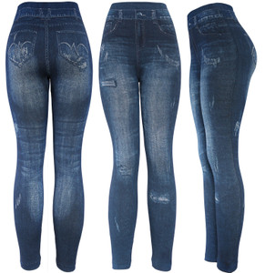 These jean leggings combine the fashionable look of denim with the comfort of leggings. They’re made of a stretchy material that allows for a skinny jeans look without the discomfort of regular jeans. Match them with your favorite boots or heels and watch the compliments roll in. These jean leggings combine the fashionable look of denim with the comfort of leggings. They’re made of a stretchy material that allows for a skinny jeans look without the discomfort of regular jeans. Match them with your favorite boots or heels and watch the compliments roll in.