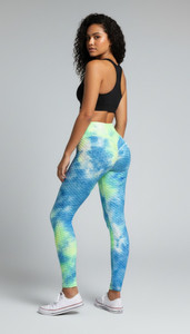 Blue Green Tie Dye Workout Booty Butt Lift High Waist Bubble Textured Scrunch Butt Leggings